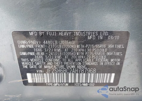 2010 Subaru Forester 2.5X из США, поврежденный, VIN JF2SH6BC2AH787968